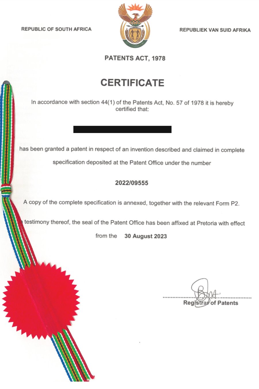 South African Patent Certificate No. 2022/09555, granted 30 August 2023