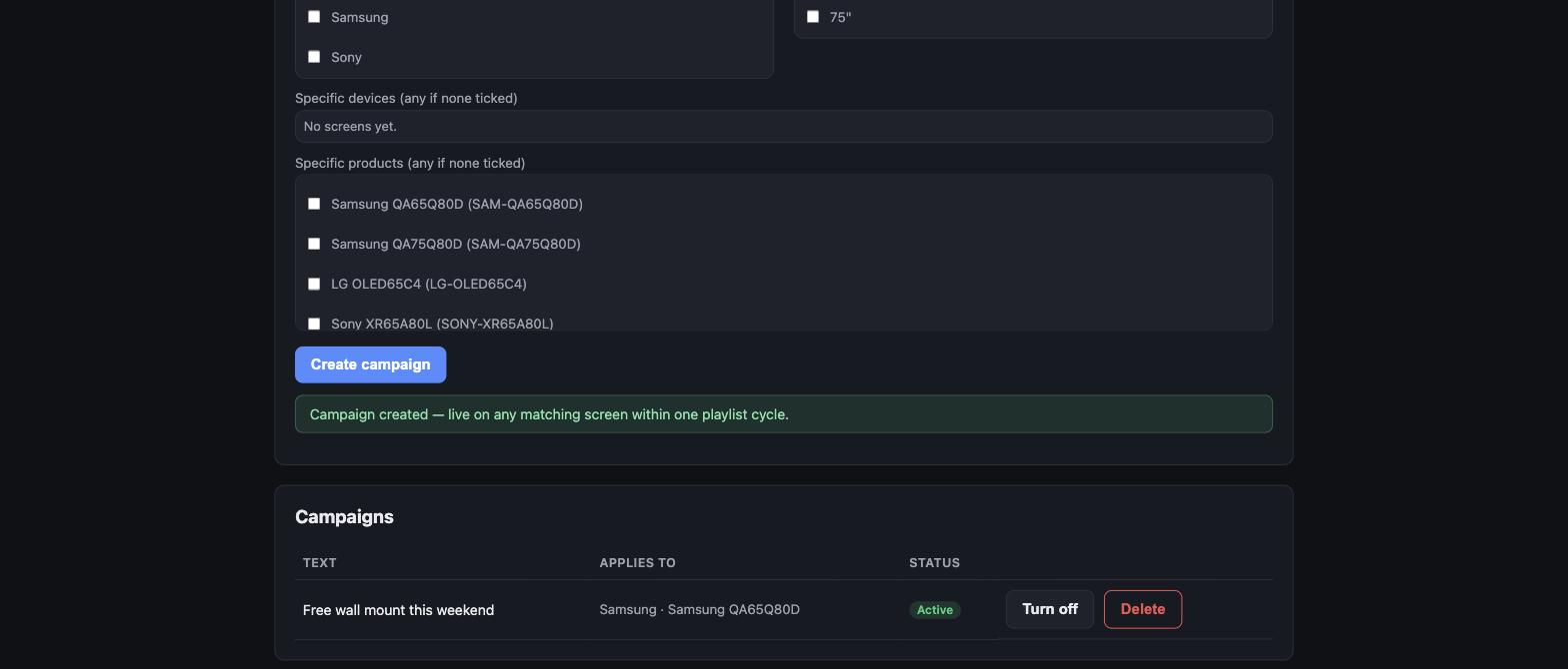 ScreenSync dashboard Campaigns tab showing a live campaign rule targeting Samsung televisions